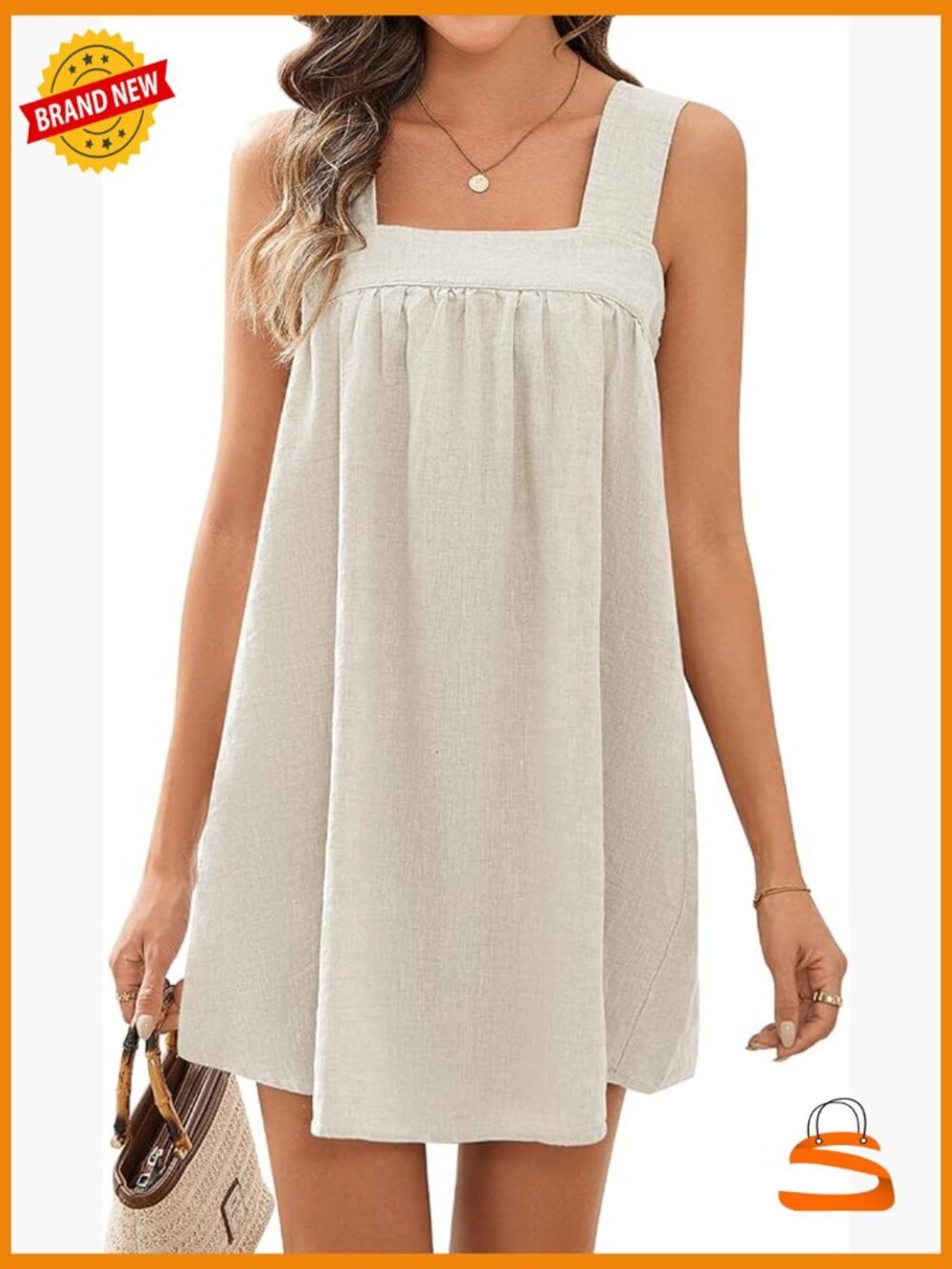 Linen Square Neck Mini Dress Sleeveless Wide Strap Summer Casual